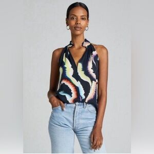 A.L.C. Woman’s Silk Sleeveless Minelli Top Color Midnight Multi Abstract Size 10